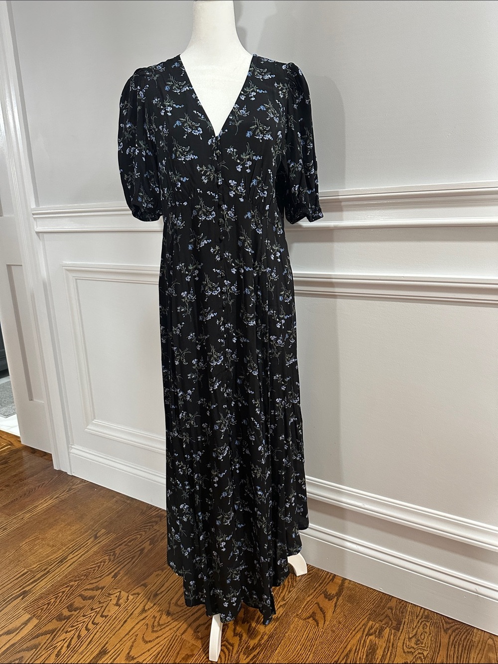 GAP Black Maxi Dress with Blue Floral Print and Puff Sleeves